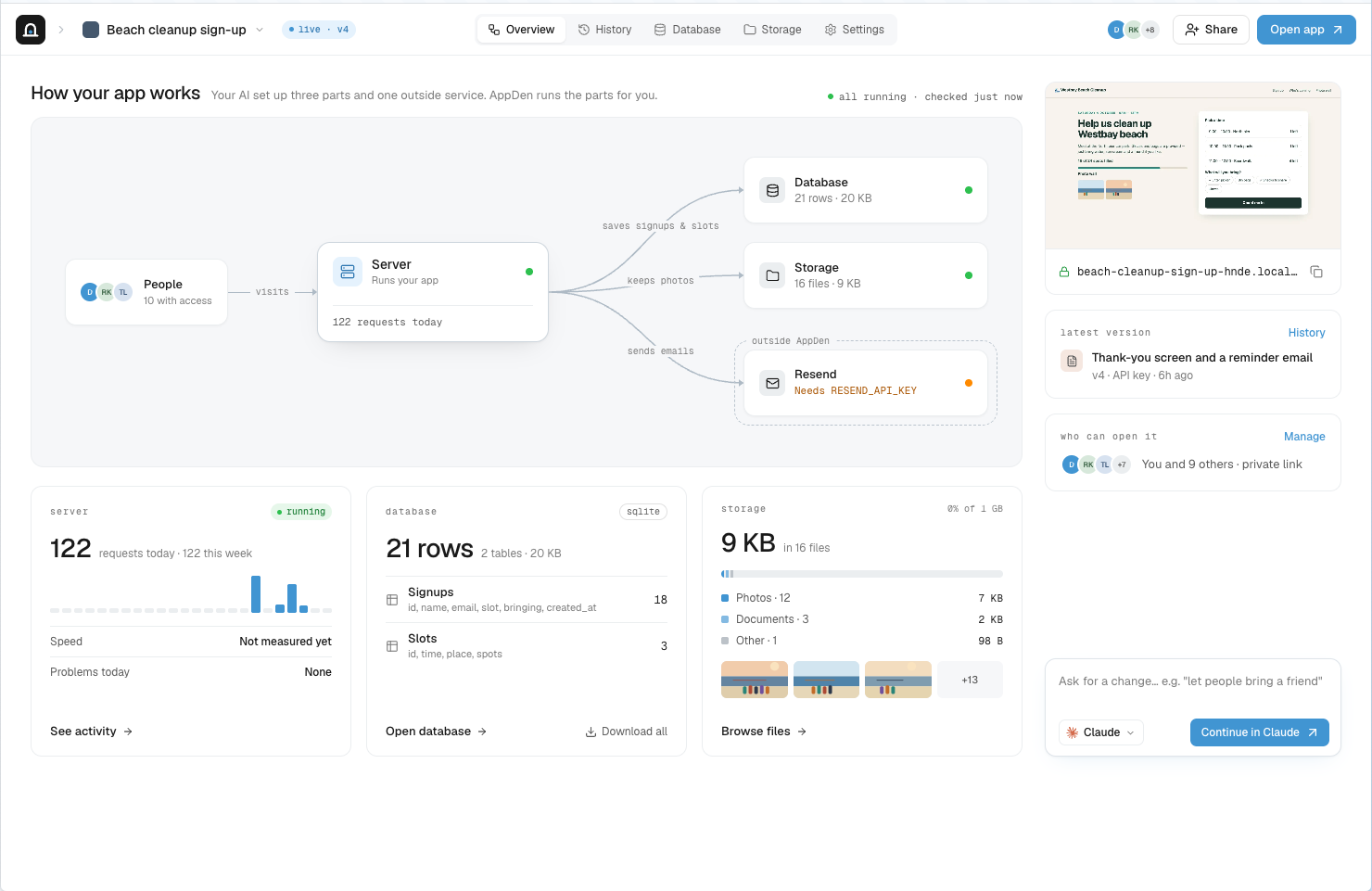 An app's overview in AppDen: its server, database and file storage, all running.